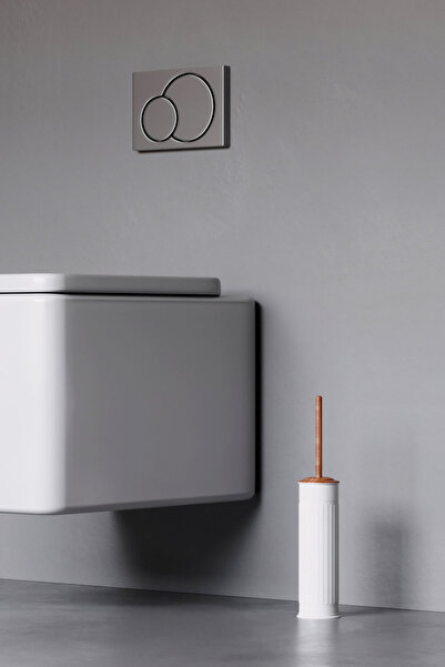 Zift Unique Vintage White Toilet Brush Set with Stainless Steel Wood Pattern - Wc Brush Set