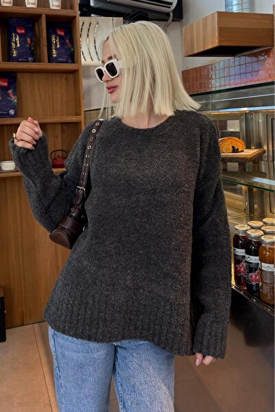 Madmext Anthracite Crew Neck Women's Boucle Sweater Mg2480