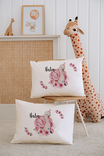 Lilabio %100 Pamuk İsme Özel 2li Ekru Bebek Yastık Kılıfı 35x45 cm-Kuğu