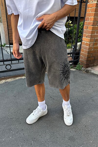 Flaw Wear Washable Waist Elastic Anthracite Embroidered Shorts