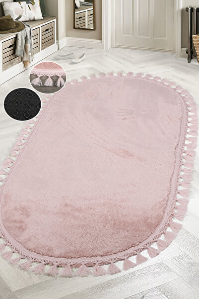 Bestekar Lunasoft Pudra Oval Ponpon Saçaklı Kaymaz Tabanlı Yumuşak Yıkanabilir Modern Salon & Oda Halısı