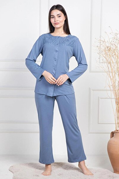 Mavelle Women's Lace Detailed Plus Size Buttoned Pajama Set 6105