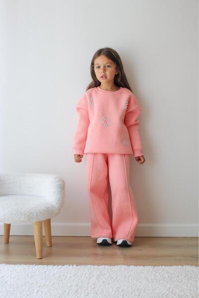 MUMİKİDS 3 Thread Pearl Detailed Shardonlu Girl's Double Bottom Top Winter Tracksuit Set