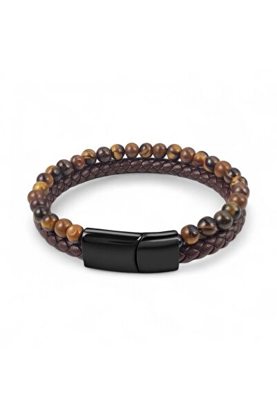 Generic Brand Tiger Eye Natural Stone Leather Men's Bracelet