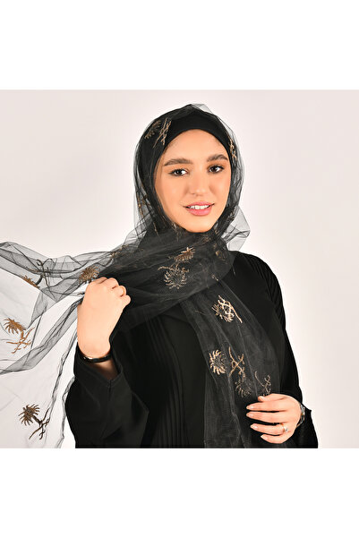 HAWRAA طرحة من التول الأسود المزين بالسيفين و النخلة الذهبي بالكامل