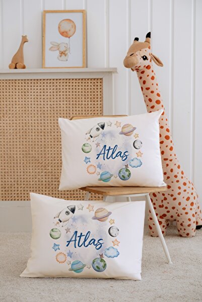 Lilabio %100 Pamuk İsme Özel 2li Ekru Bebek Yastık Kılıfı 35x45 cm-Gezegen