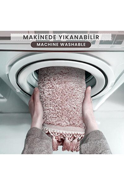 Bestekar Lunasoft Pudra Oval Ponpon Saçaklı Kaymaz Tabanlı Yumuşak Yıkanabilir Modern Salon & Oda Halısı