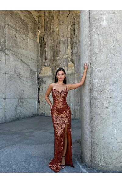 SELİN MODA EVİ Модерна рокля с цепка от кадифе в цвят теракота 583293