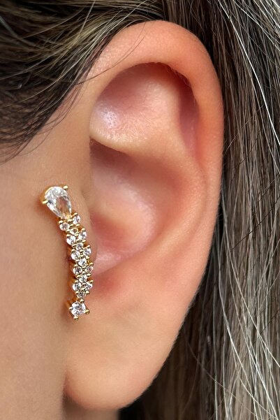 TAKIŞTIR Altın Renk Taş Detaylı Çelik Tragus/Kıkırdak Küpe/Piercing (Tek)