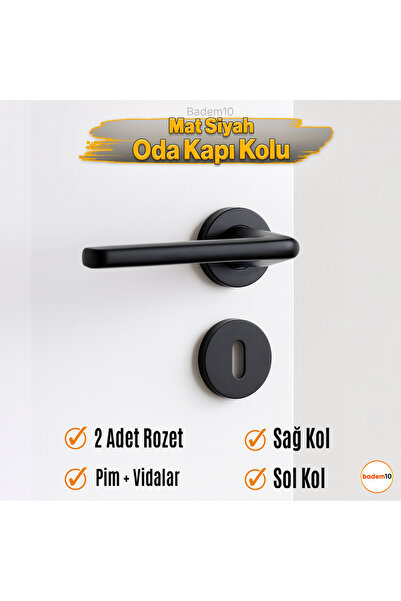 Badem10 Mat Siyah Oda Tipi Kapı Kolu Rozetli Sağ Sol Uygun Modern İç Kapı Kilitli 1 Takım
