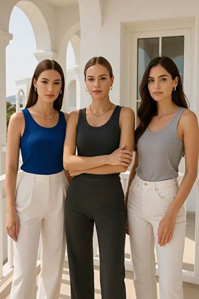 Rich Women's 3-Pack Anthracite-Grey-Saks Blue Zero Sleeve Camisole Body-Crew Neck 100% Cotton Tank Top Blouse