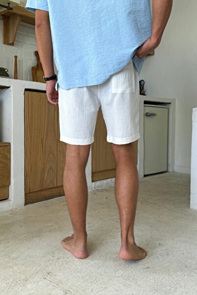 Flaw Wear White Muslin Fabric Waist Elastic Shorts