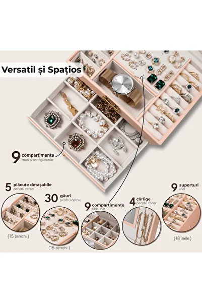Elindor Jewelry Box with Key, 2 Levels & Drawer, Space for Rings & Bracelets, 23 x 17 x 10.5 cm, Pink
