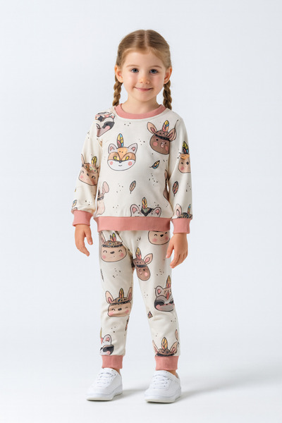 minikiss Seasonal Kitten Printed Top and Bottom Two-Piece Set for Girls