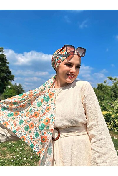 Modakaşmir Flora Pattern Bamboo Scarf - Orange - Green
