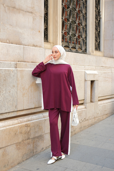 LOCCO Γυναικείο Σετ με λεπτομέρεια Garni με σκίσιμο μπορντό