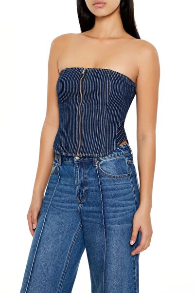 Forever 21 Çizgili Straplez Yaka Denim Bluz