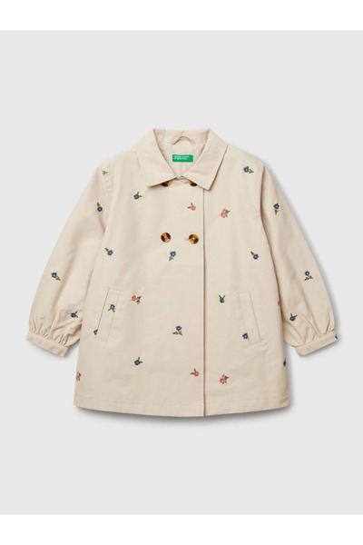 Benetton Kız Çocuk Çiçekli Trençkot 1-6 Yaş Bej