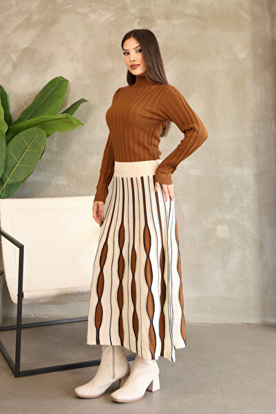 ALCHON Πλεκτό φόρεμα με μακρύ μανίκι, με μισό γιακά ψαρά, ελαστική μέση, πτυχωτό σχέδιο και μήκος μέχρι τον αστράγαλο