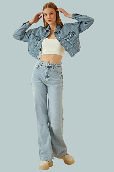 byhaziran butik جينز أزرق واسع الساق قابل للغسل