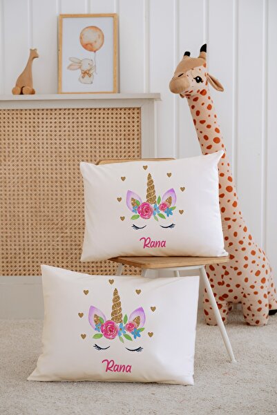 Lilabio %100 Pamuk İsme Özel 2li Ekru Bebek Yastık Kılıfı 35x45 cm-Unicorn