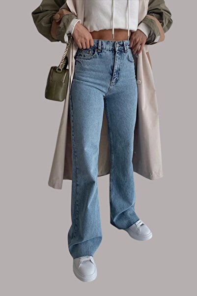 byhaziran butik بنطلون جينز نسائي أزرق فضفاض ذو خصر مرتفع جدًا وساق واسعة