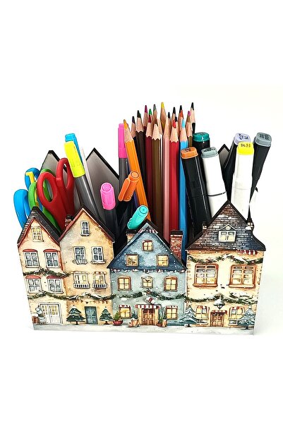 TuraLazerKesim Дървен зимни визуален апартамент настолен държач за моливи кут...