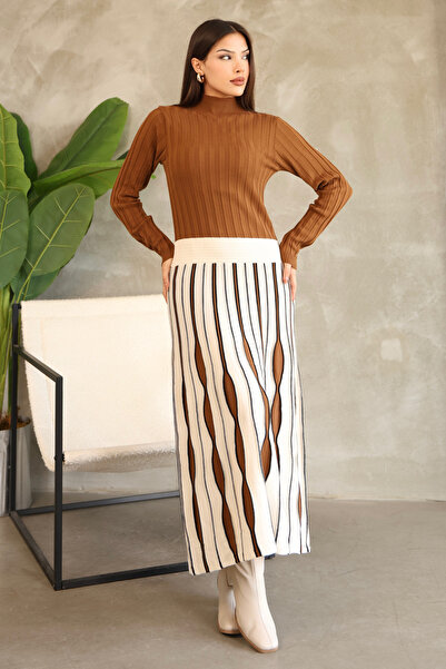 ALCHON Πλεκτό φόρεμα με μακρύ μανίκι, με μισό γιακά ψαρά, ελαστική μέση, πτυχωτό σχέδιο και μήκος μέχρι τον αστράγαλο