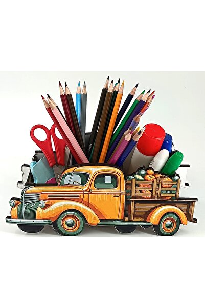 TuraLazerKesim Wooden Yellow Classic Pickup Truck Desktop Pen Holder Pen Box ...