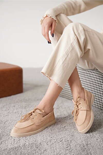 CAMOLLA Beige Suede Women's Flat Lace-Up Loafer Shoes