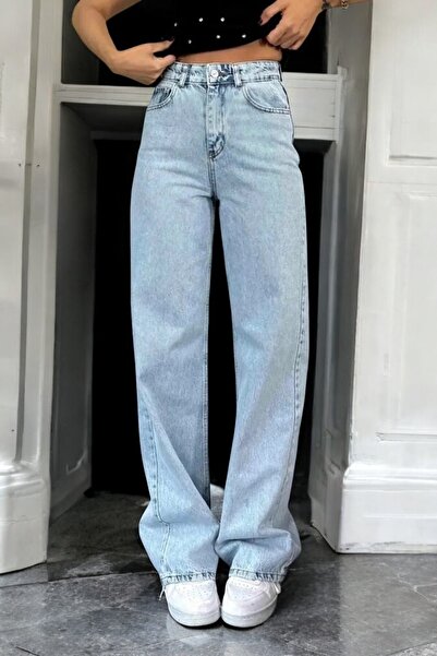 byhaziran butik بنطلون جينز بالازو أزرق قابل للغسل