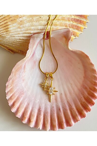 FIERA JEWELRY قلادة من الفولاذ على شكل نجمة الشمسي مع حجر الزركون باللون الذهبي