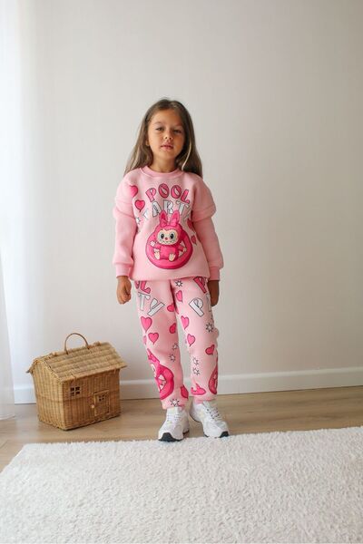 MUMİKİDS Labubu Printed Ribbed Girls' Double Bottom and Top Winter Tracksuit Set
