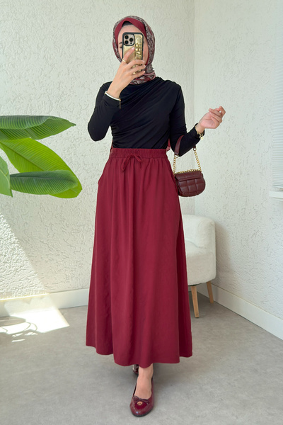 Salih Çelebi Umay Skirt with Pockets 2383 - Burgundy