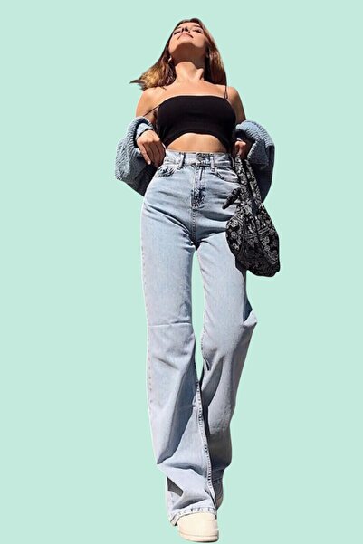 byhaziran butik Asil Women's Blue Wide Leg Denim Trousers