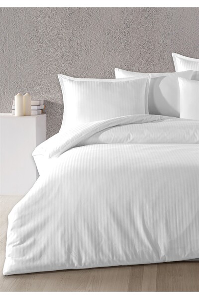 Evim 100% Cotton Satin Vertical Line Flounced Double Duvet Cover Set White 200X220 cm