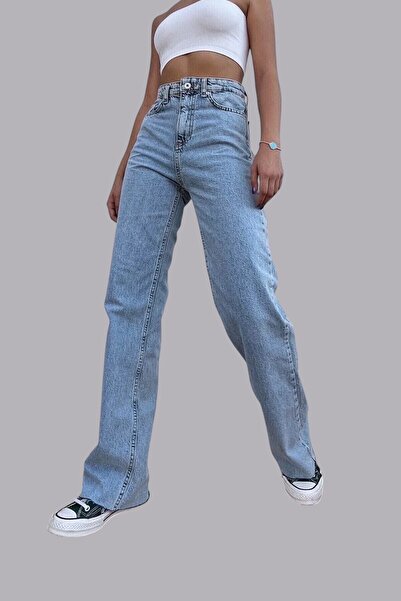 byhaziran butik Pantaloni palazzo din denim cu picioare largi, albastru mediu...