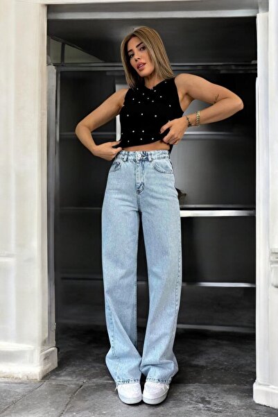byhaziran butik Блакитні джинси з високою талією та широкими штанинами для жінок