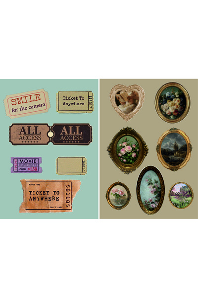 krc STİCKER - VINTAGE TEMA - 2'Lİ SET - telefon, bilgisiyar, ajanda, defter i...