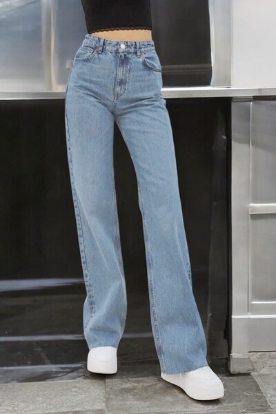 byhaziran butik Light Blue Wide Leg High Waist Denim Trousers