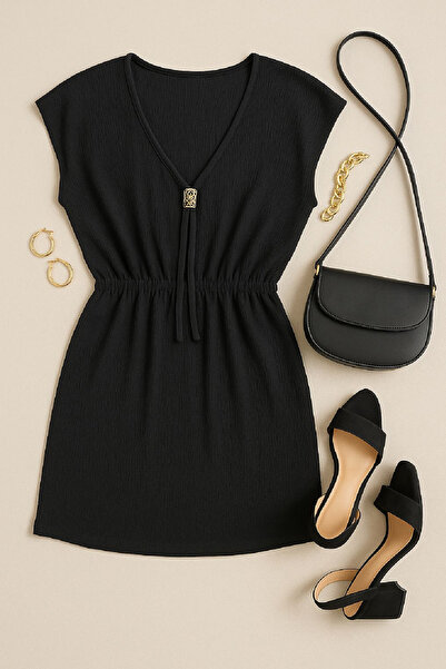 MODANI SEÇ Women's Black Side Slit Buckle V Neck Mini Beach Dress