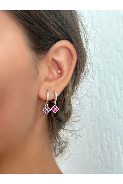 MyladyAccessoriess أقراط متدلية على شكل برسيم بتفاصيل حجرية ملونة على شكل باج...