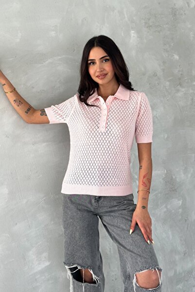FEMELLE Pink Polo Neck Openwork Knitwear Blouse - Short Sleeve Buttoned Standard Size
