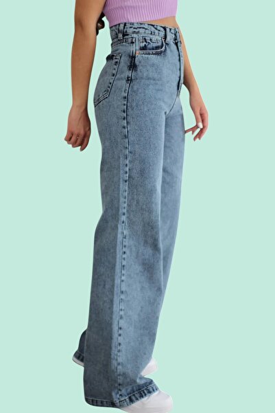 byhaziran butik Blue Washed Wide Leg High Waist Jeans