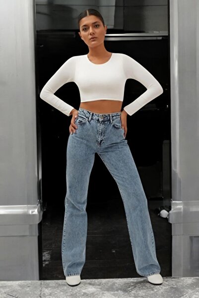 byhaziran butik Γυναικεία τζιν παλαζό με φαρδύ πόδι και ψηλή μέση Ice Blue