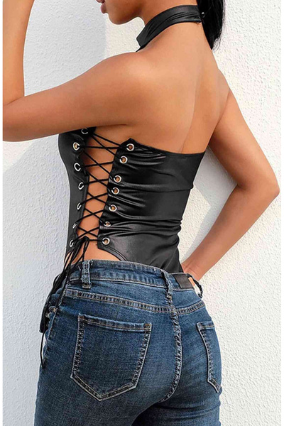 Cicişim Black Leather Look Side Tie Bird Eye Bodysuit