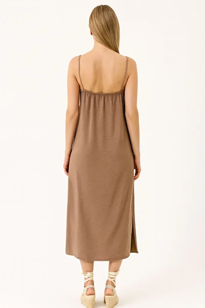 VENA Strappy Button Detailed Midi Dress - Brown