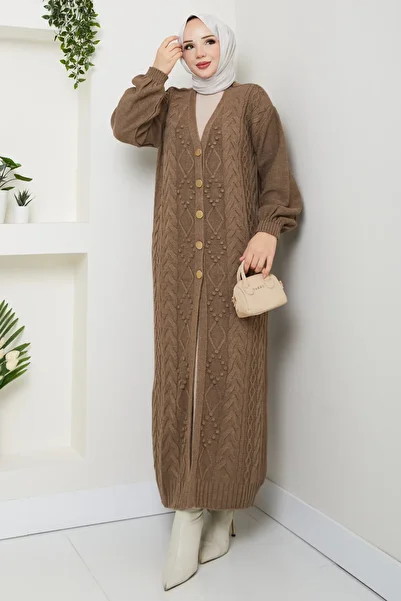 Pamuk Butik Women's Chain Knitted Button Closure Long Knitwear Cardigan
