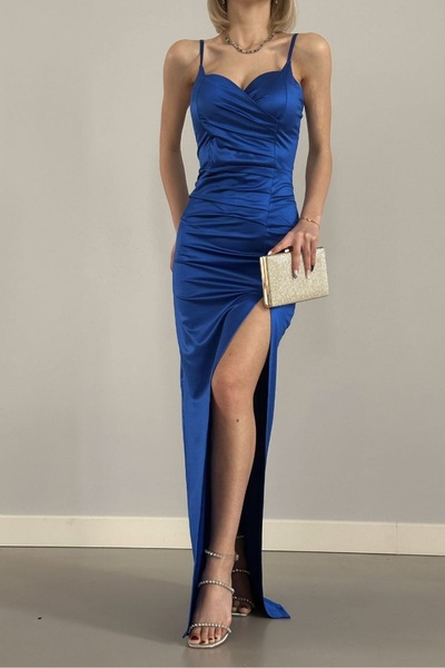 WOMAN VISION Saks Blue Satin Fabric Drape and Slit Design V Neck Strap Maxi Dress 582177