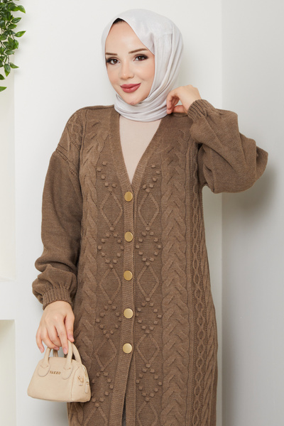 Pamuk Butik Women's Chain Knitted Button Closure Long Knitwear Cardigan